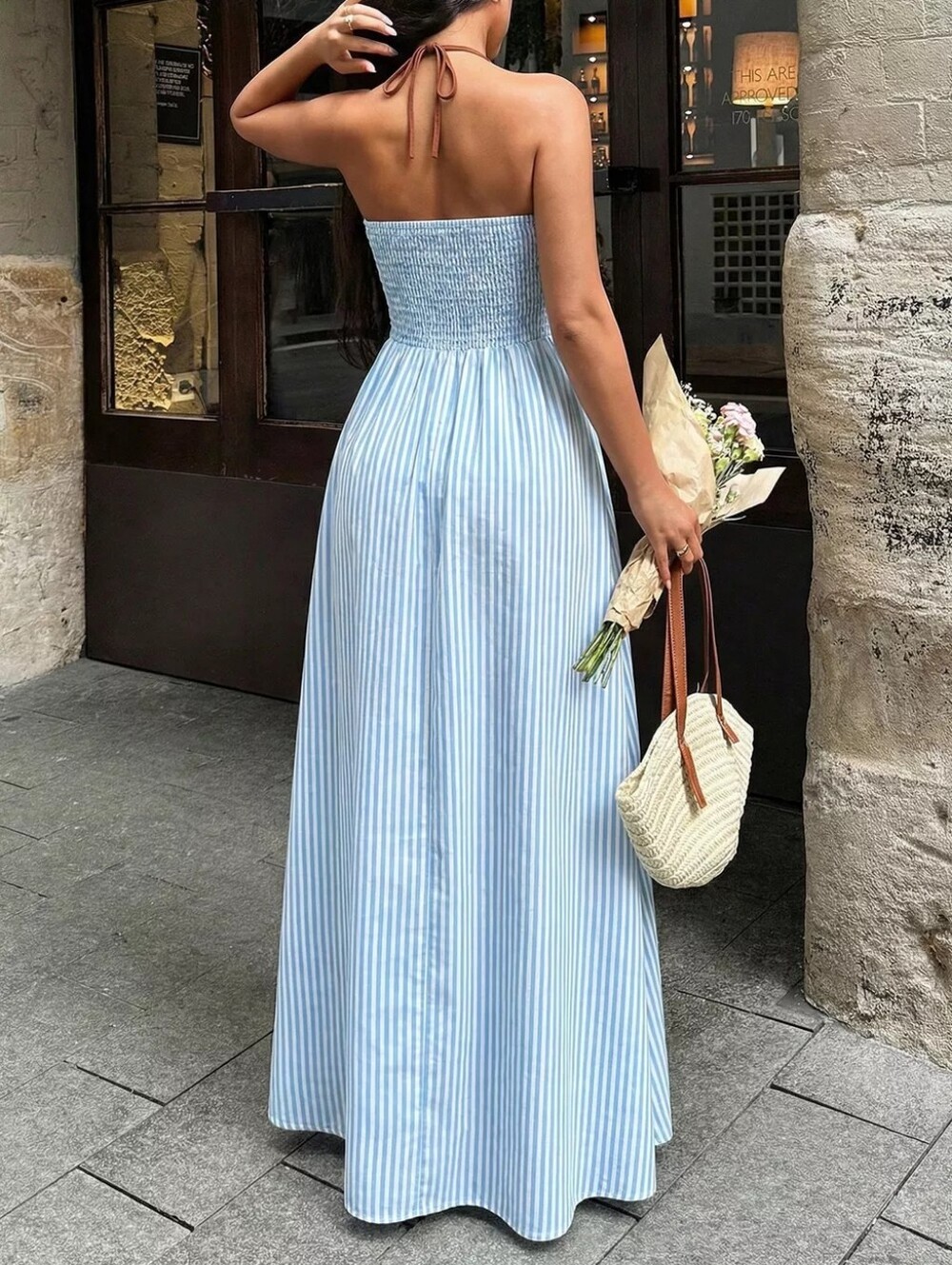 🌸Blue & White Striped Halter Neck Maxi Dress - Picture 2 of 3